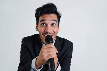 Naklejka premium Asian businessman is enthusiastically holding a microphone close to his mouth while smiling