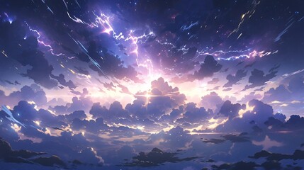 Deep black clouds with incredible lightning strikes, colorful anime style