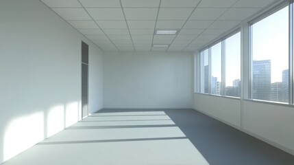 Fototapeta premium A spacious, empty office room with large windows and a minimalist design.