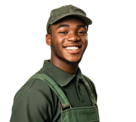 Handsome young Black man in green uniform smiling, isolated on white wall.