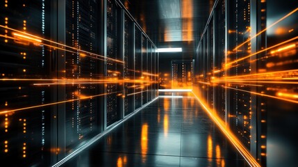 Fototapeta premium A futuristic data center corridor with glowing lines representing data flow.