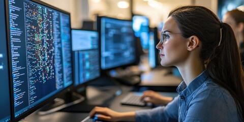 A cybersecurity analyst monitors an encrypted network across multiple screens in an office setting, with no people visible.