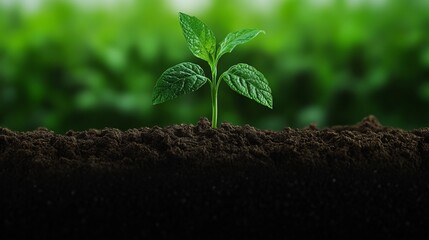 A single green sprout emerges from dark soil, symbolizing new life and growth.