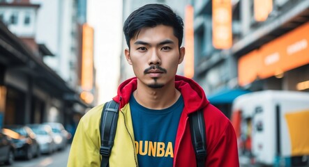 Fototapeta premium southeast asian young man urban streetwear bright background wearing fashion portrait