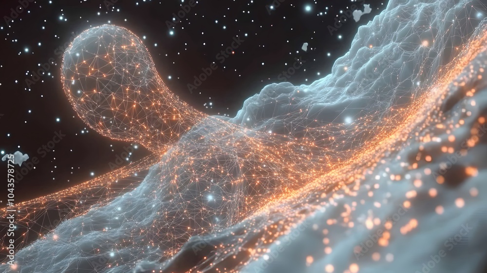 Poster A network of glowing abstract shapes forming a model of machine learning, symbolizing data processing and AI, 4K resolution