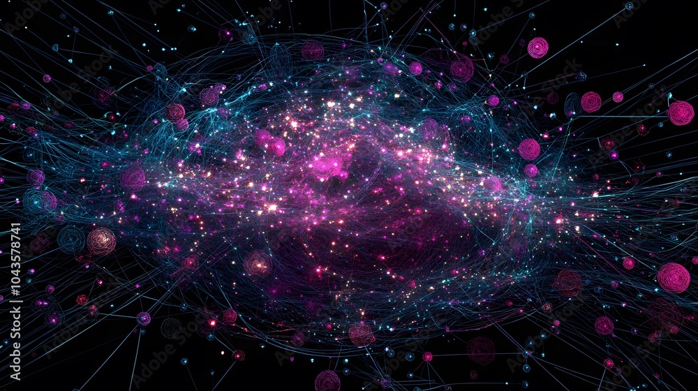 Poster Abstract glowing shapes arranged in a network, representing unsupervised learning models in machine learning, 4K resolution