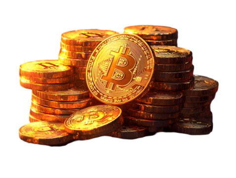 Stacks of golden bitcoins shining brightly, symbolizing digital currency and wealth.