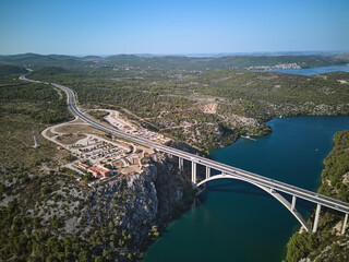 Aerial panoramic view of the bridge Krka and observation deck Vidikovac Krka, Croatia