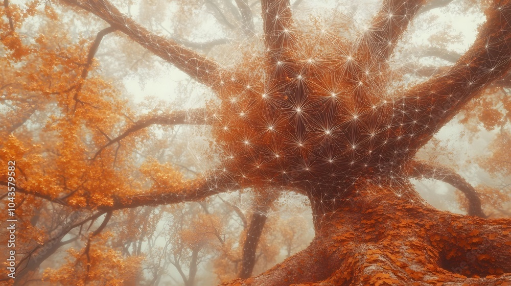 Poster a mystical, glowing geometric network representing ai models in a foggy, ethereal tone, abstract and