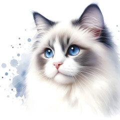 흰 배경, 랙돌, 수채화 (white background, Ragdoll cat, water colour)