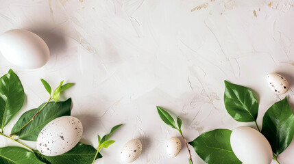 White stone background with eggs and green leaves Copy space Easter minimalistic design element