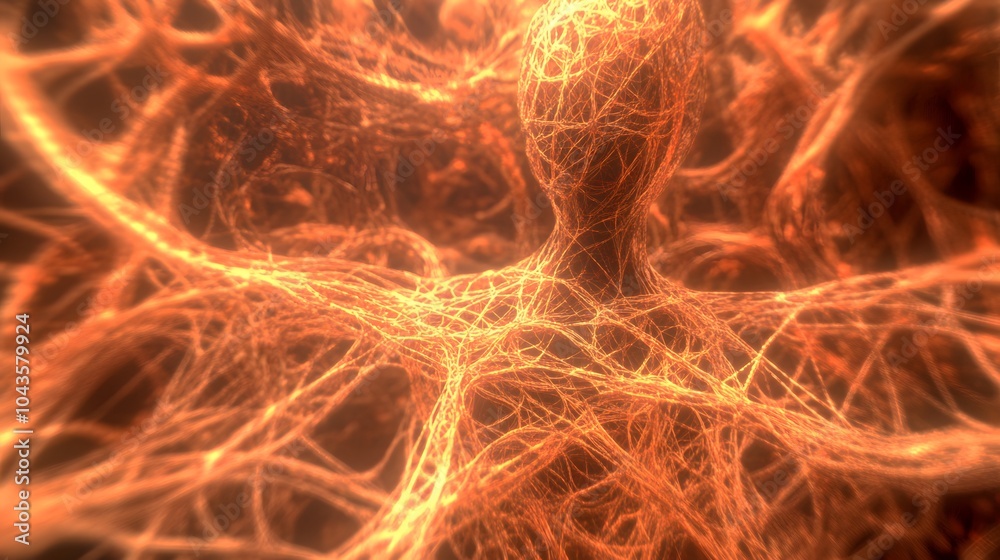 Poster A glowing network of abstract shapes in a relaxed, meditative tone, representing the fluidity of AI models learning from data, 4K resolution