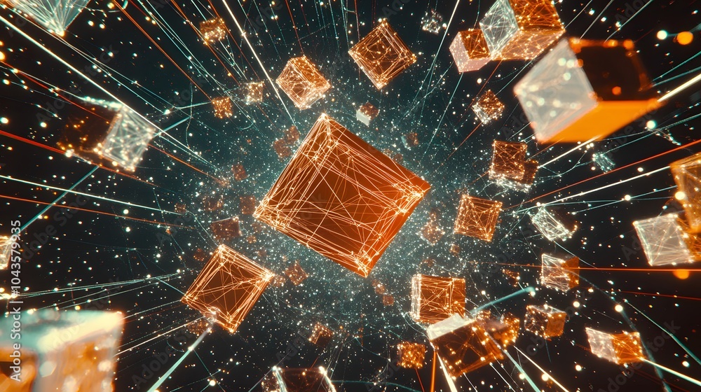 Poster A dramatic, neon-lit web of interconnected shapes, visualizing the high-stakes world of machine learning and AI decision-making, 4K resolution