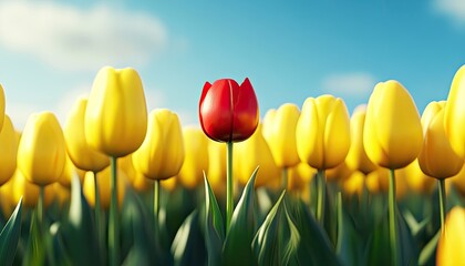 Fototapeta premium A vibrant field of yellow tulips, with one red flower standing out in the middle, symbolizing individuality and self-expression