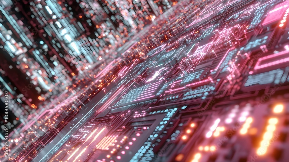 Poster A high-energy, neon-lit network of glowing shapes, visualizing the high-speed processing of AI data, abstract and dynamic, 4K resolution