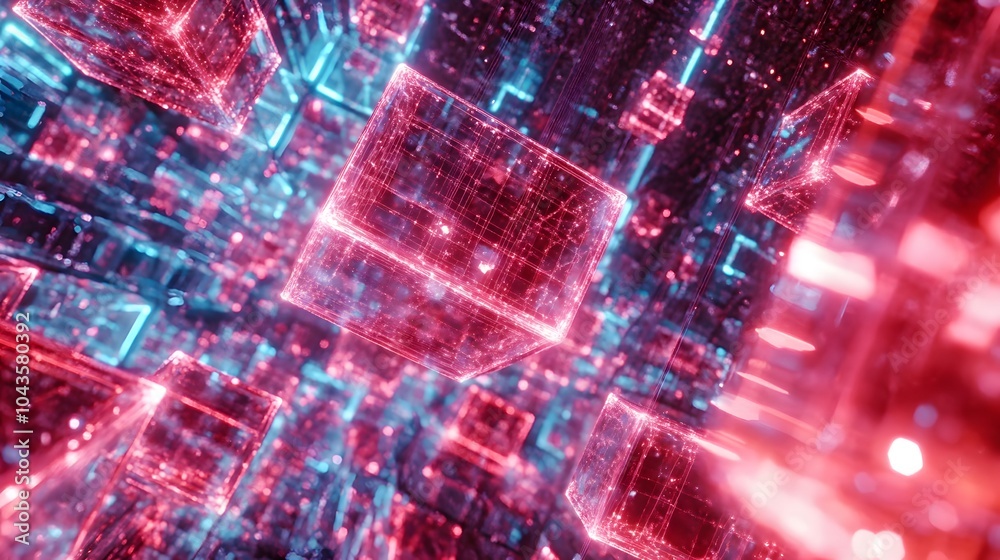 Poster a vibrant, neon-glowing network of interconnected shapes, symbolizing the high-energy interactions o