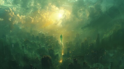 A ghostly figure floating above a cityscape a city thats familiar yet unfamiliar giving off an otherworldly vibe as the person explores their subconscious and reaches beyond