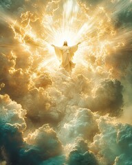 Jesus christ standing on clouds with open arms surrounded by light beams and blue sky