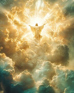 Jesus christ standing on clouds with open arms surrounded by light beams and blue sky
