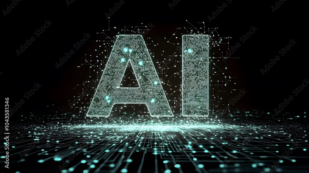 Poster A futuristic web of glowing shapes surrounding the letters AI, symbolizing machine learning processes, no background, 4K resolution
