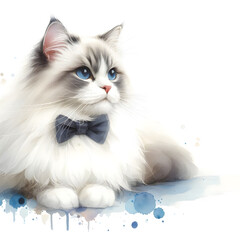 흰 배경, 랙돌, 수채화 (white background, Ragdoll cat, water colour)