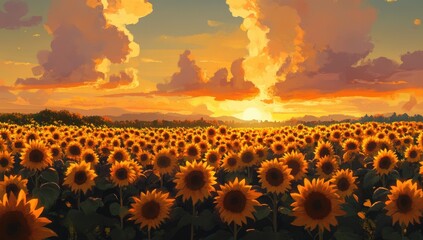 Fototapeta premium A vibrant sunflower field basking in the golden glow of sunset, with tall and wide blooms reaching towards the sky