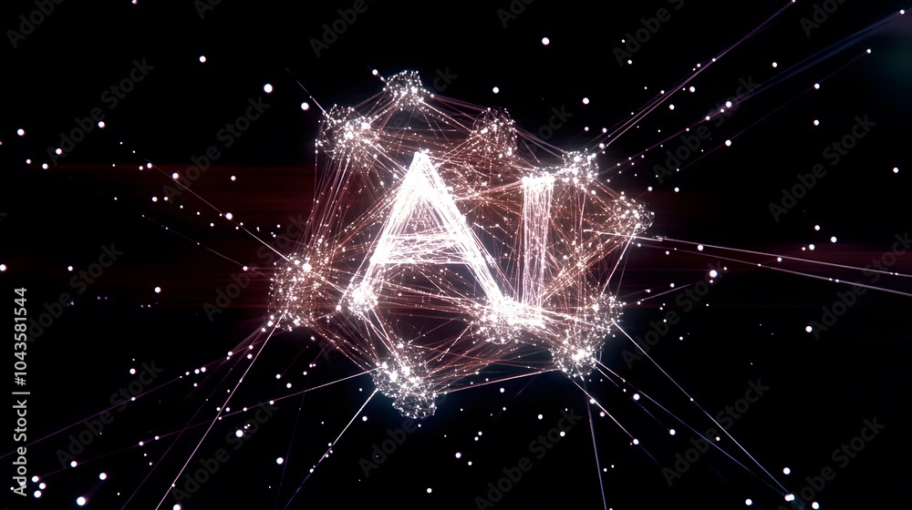 Poster A smooth, glowing web of interconnected shapes around the letters AI, visualizing machine learning, no background, 4K resolution