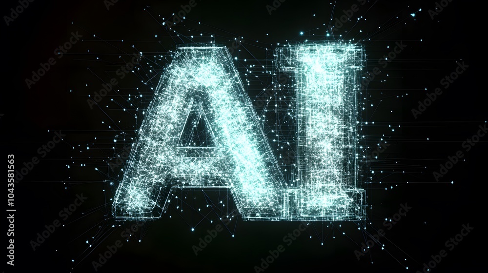 Poster Abstract glowing shapes forming a network around the letters AI, representing artificial intelligence and data flow, no background, 4K resolution