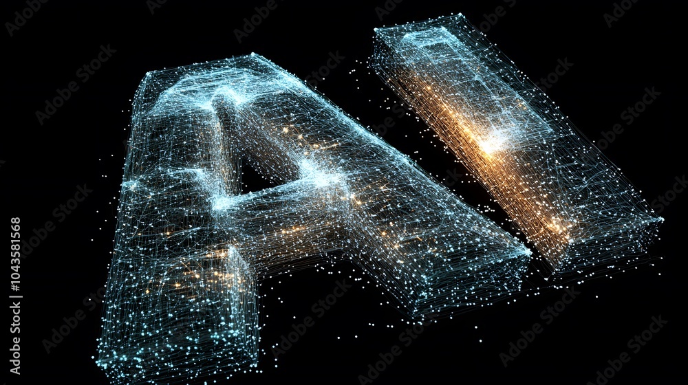 Poster A smooth, glowing web of interconnected shapes around the letters AI, visualizing machine learning, no background, 4K resolution