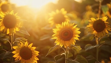 A vibrant sunflower field basking in the golden glow of sunset, with tall and wide blooms reaching towards the sky