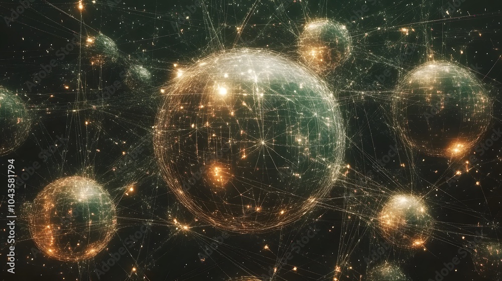 Poster A complex web of glowing nodes and geometric shapes, symbolizing the interconnected layers of a deep learning neural network, 4K resolution