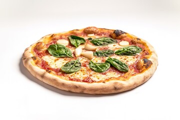 Freshly baked spinach and garlic pizza on white