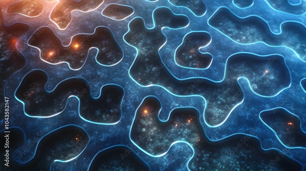 Poster Interlocking glowing shapes forming a neural network pattern, representing machine learning model architecture, 4K resolution