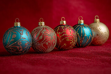 Christmas ornaments on a red background with empty space, perfect for festive holiday designs or cards. Bright and cheerful decor adds a touch of seasonal elegance.