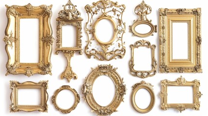 Assorted vintage gilded frames, each with unique details, isolated on a clean white background