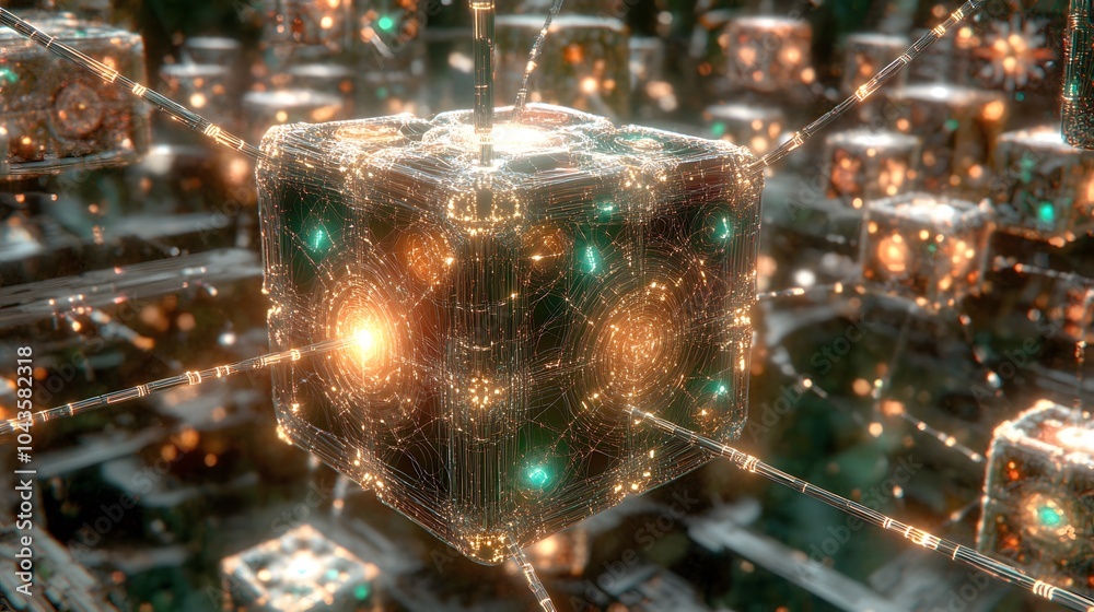 Poster A matrix of glowing geometric forms connected in a web, depicting the layers of an artificial neural network, 4K resolution