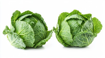 Obraz premium Two vibrant green cabbages with tightly packed leaves, showcasing their crisp texture and fresh appearance against a clean background.