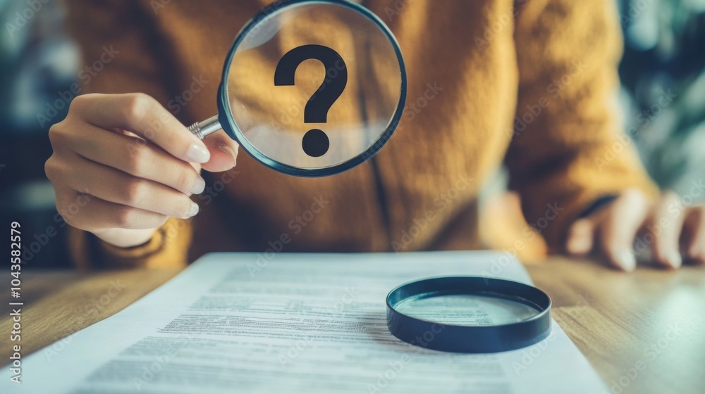 Aufkleber a person holding a magnifying glass over a paper, emphasizing a question mark, suggesting inquiry, a
