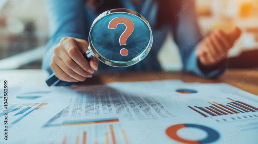 Fototapete a person holding a magnifying glass with a question mark, analyzing financial graphs and data on a d