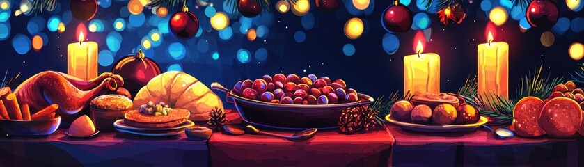 Obraz premium A beautifully arranged festive table filled with delicious food, fruits, and glowing candles, ideal for celebrations and gatherings.