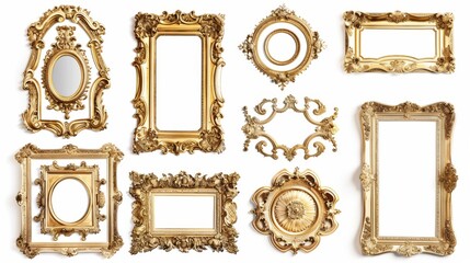 Assorted vintage gilded frames, each with unique details, isolated on a clean white background