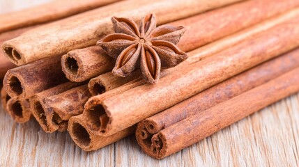 Close-up of cinnamon sticks and star anise on a wooden surface.