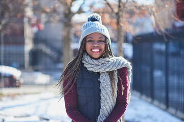 Confident, warm and woman in winter, outdoor and excited for snow, portrait and cold with climate...