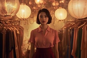 Fototapeta premium an Asian woman in her late thirties wearing a pink blouse and a dark red skirt, standing inside a store. She has short, straight hair