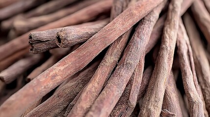 Close-up of dried cinnamon sticks, a warm and aromatic spice commonly used in baking, cooking, and beverages.