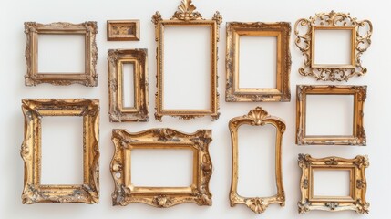 Assorted vintage gilded frames, each with unique details, isolated on a clean white background