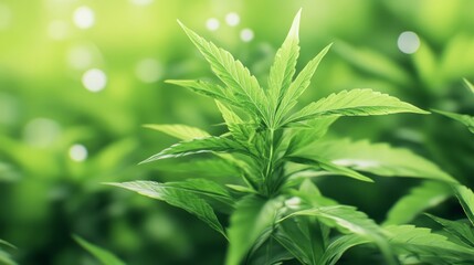 Close-up of lush green cannabis leaves with a blurred green background.