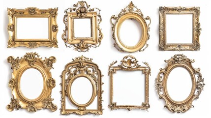 Assorted vintage gilded frames, each with unique details, isolated on a clean white background