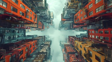 Naklejka premium Parallel Universe City An Upended Architectural Landscape of Symmetry and Contrast