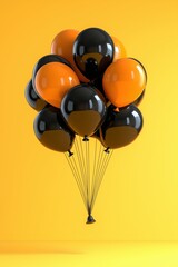 Bright and festive black and orange balloons floating against a cheerful yellow backdrop